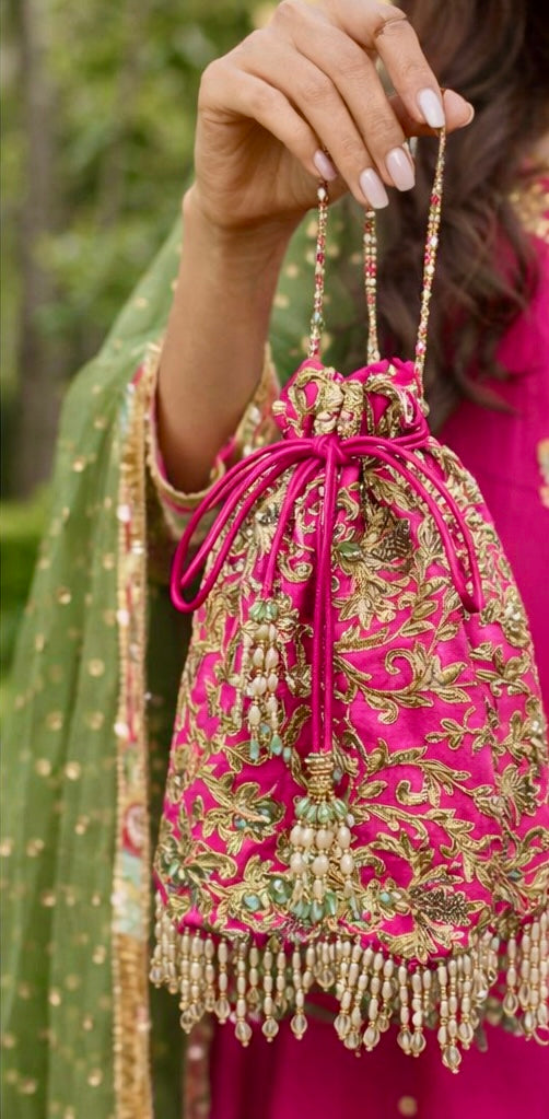 Fuchsia Heritage Anarkali Set with Patiala Salwar & Embroidered Potli