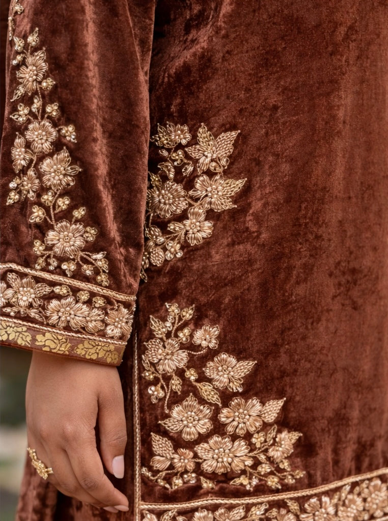 Rich Coffee Brown Velvet Sharara Set