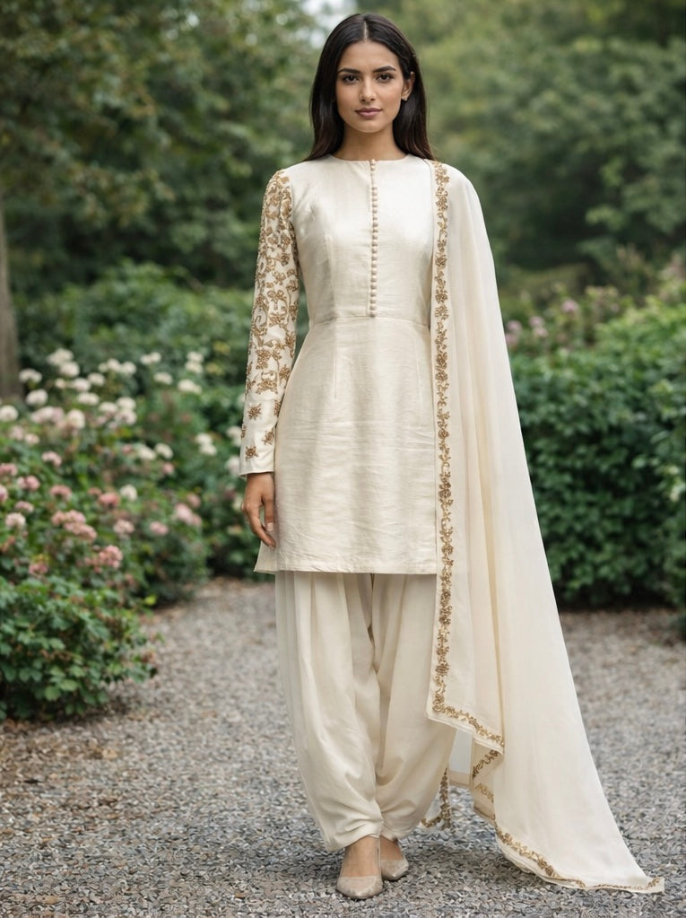 Ivory Raw Silk Kurti Set with Antique Gold Hand Embroidery