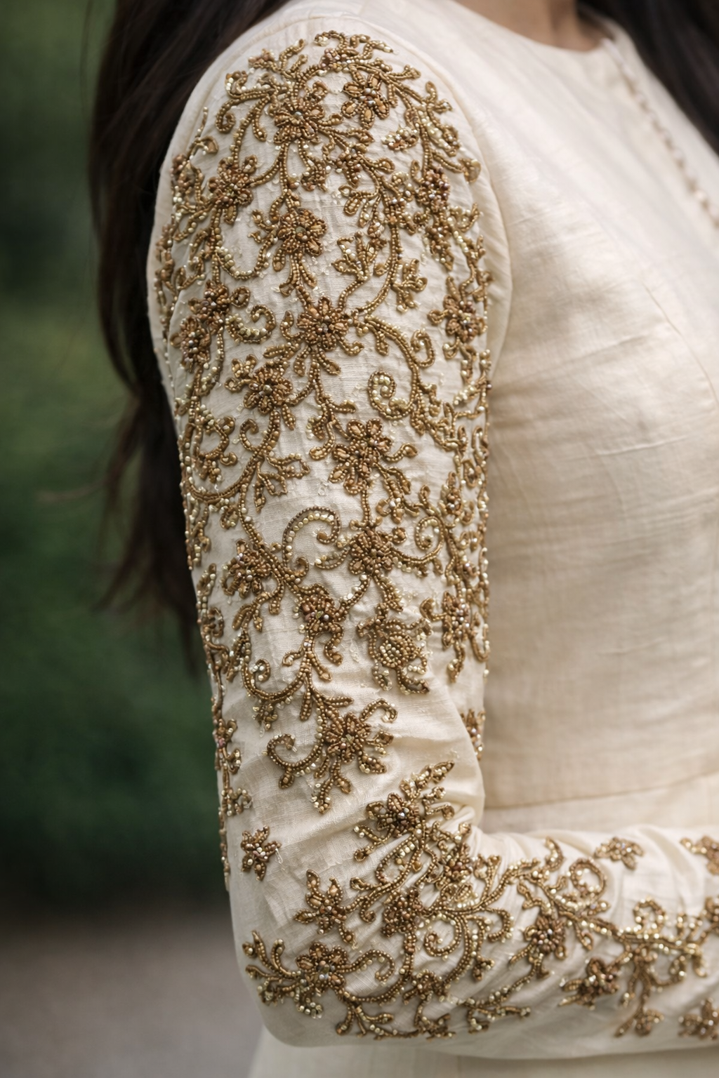 Ivory Raw Silk Kurti Set with Antique Gold Hand Embroidery