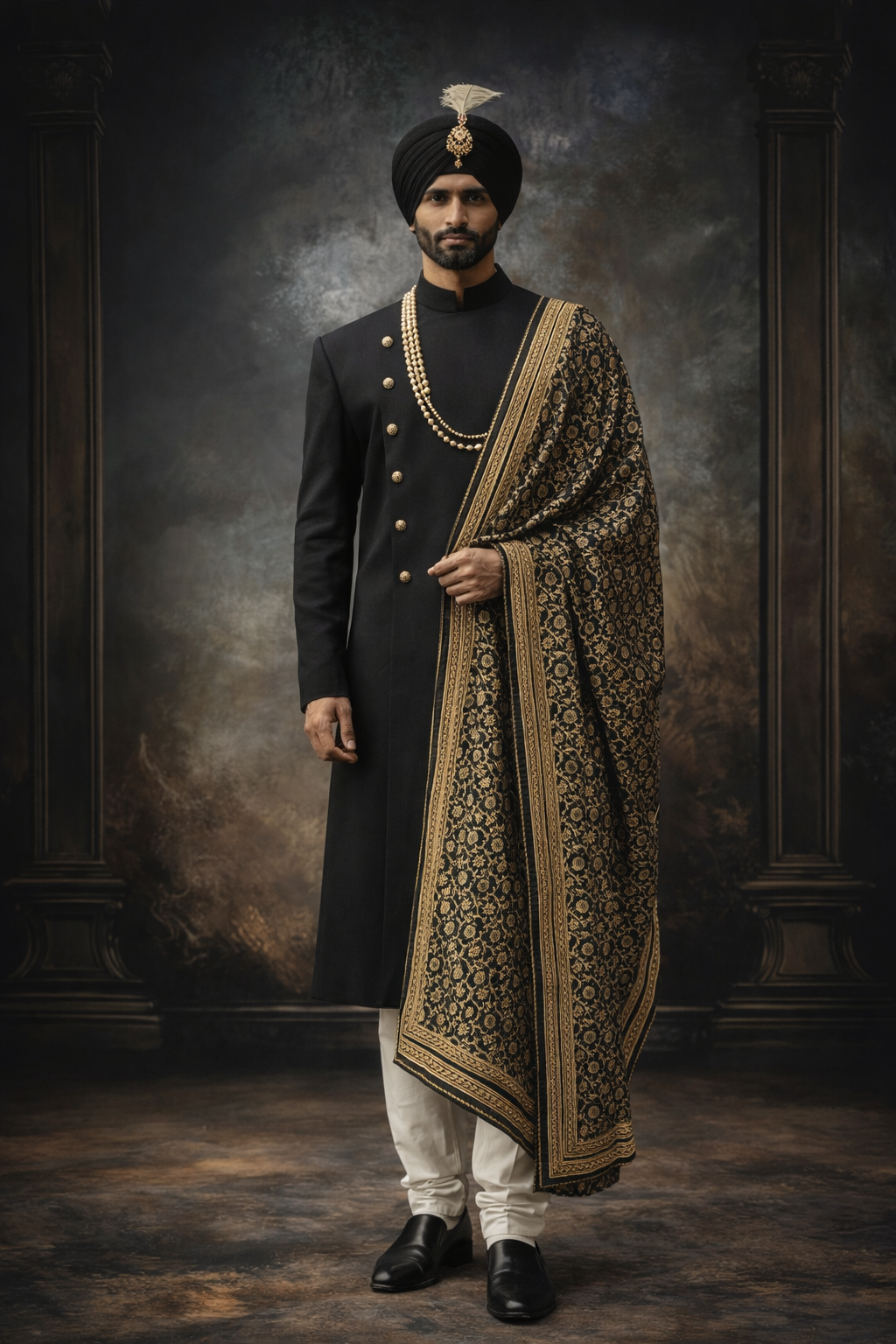 Black Sherwani with Banarasi Shawl