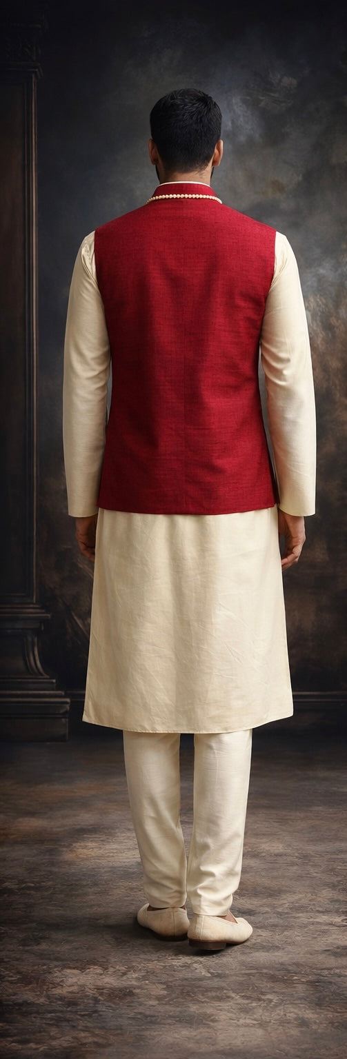 Plus Size Raw Silk Crimson Vest Groom Set