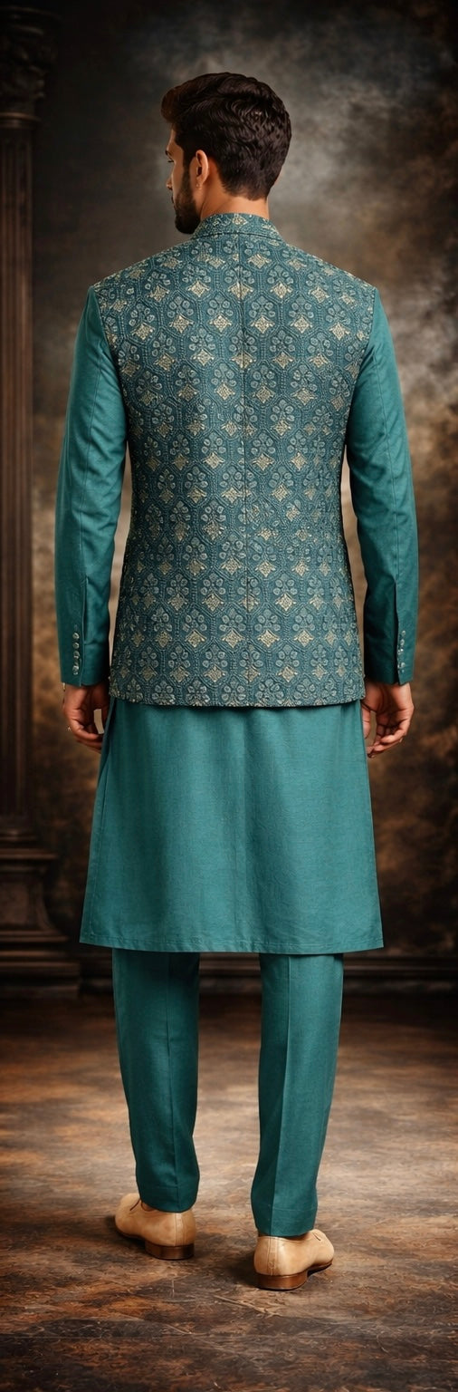 Teal Embroidered Groom Vest Set
