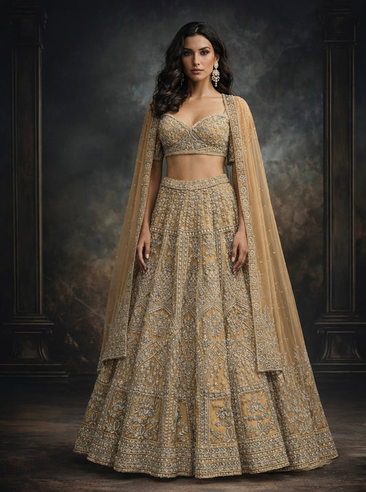 Beige Golden Reception Lehenga