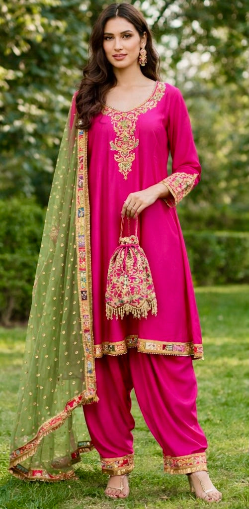 Fuchsia Heritage Anarkali Set with Patiala Salwar & Embroidered Potli