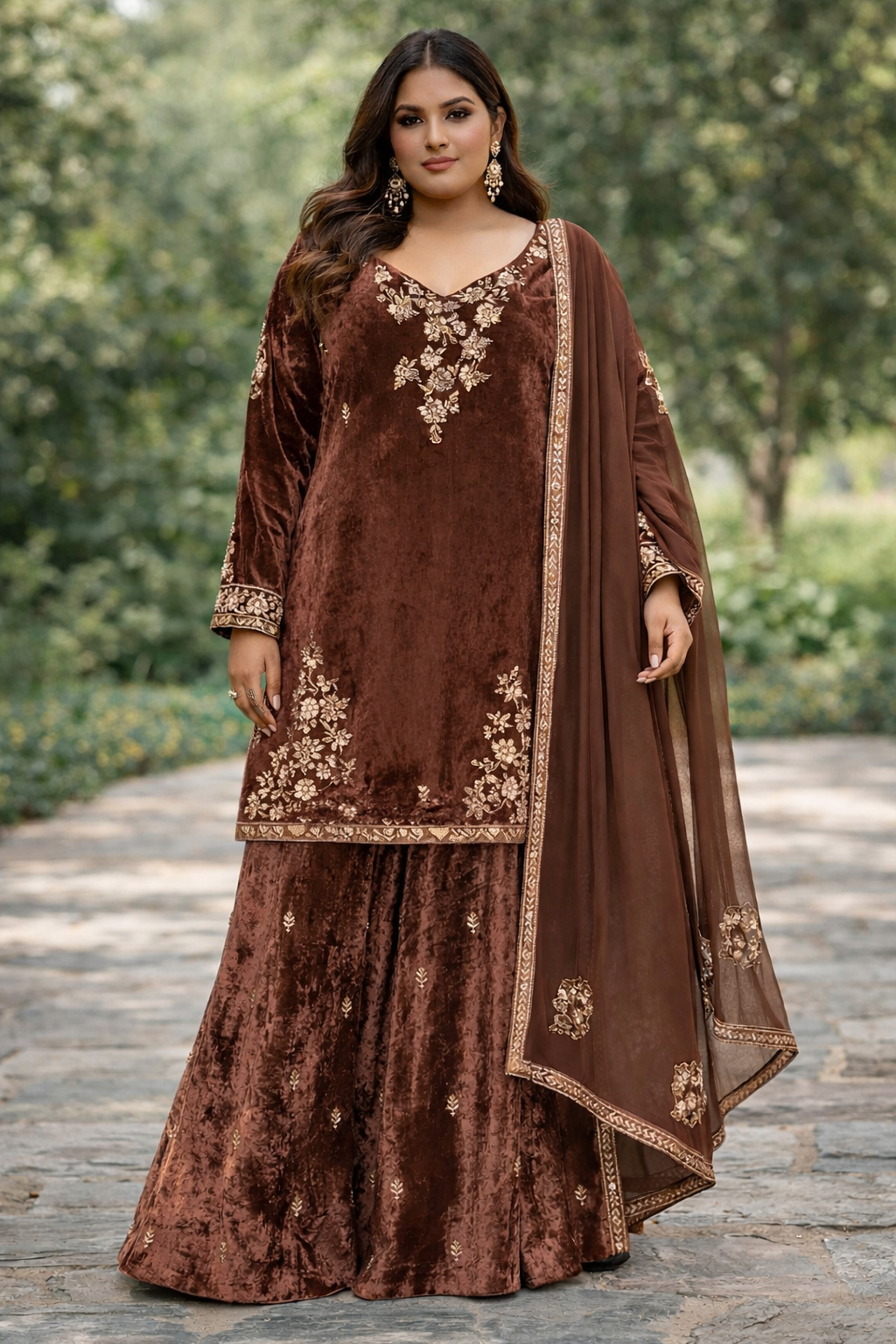 Rich Coffee Brown Velvet Sharara Set