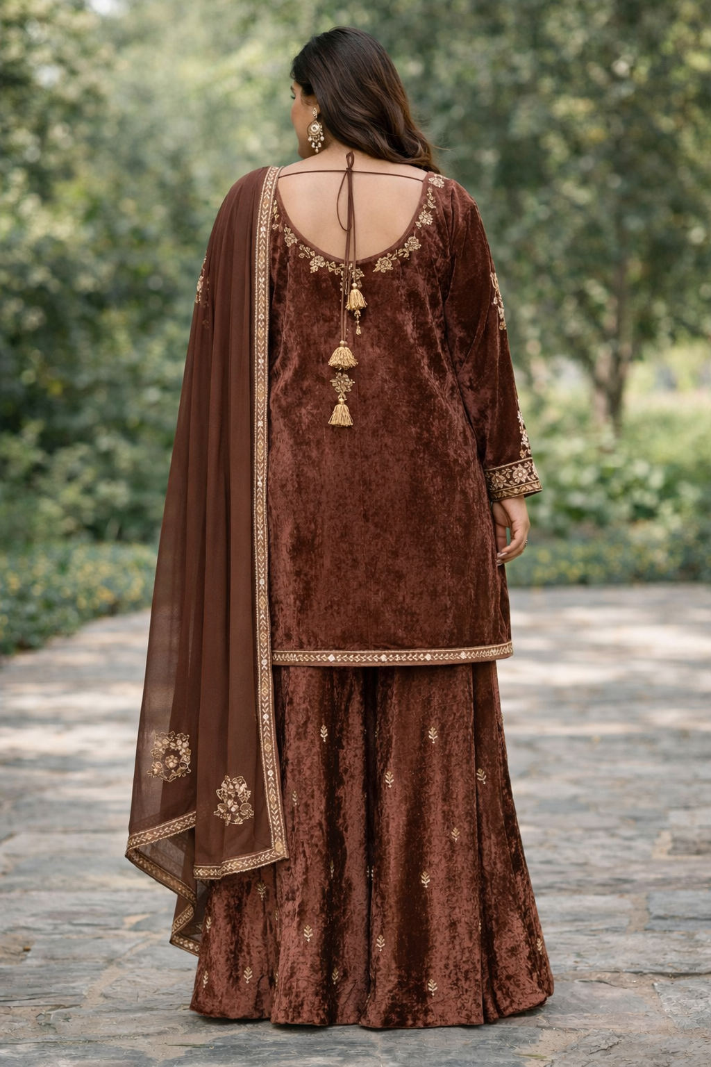 Rich Coffee Brown Velvet Sharara Set