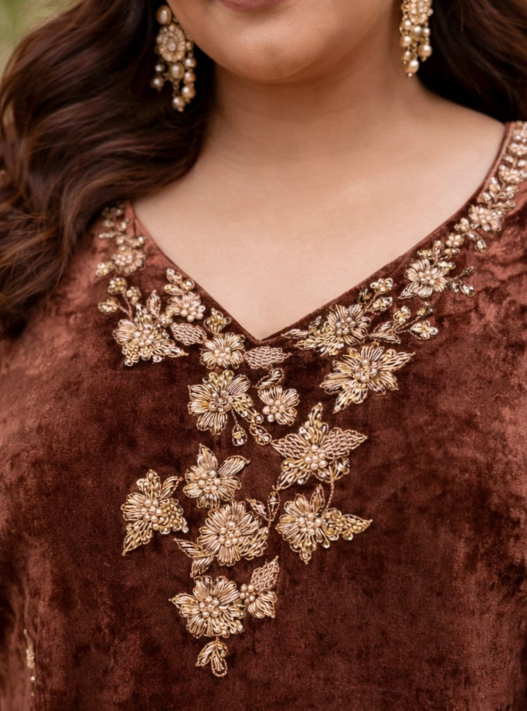 Rich Coffee Brown Velvet Sharara Set