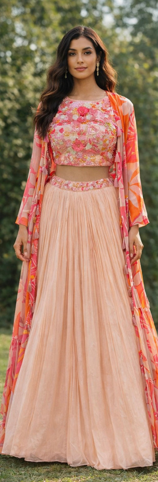 Blush Peach Floral Lehenga Set
