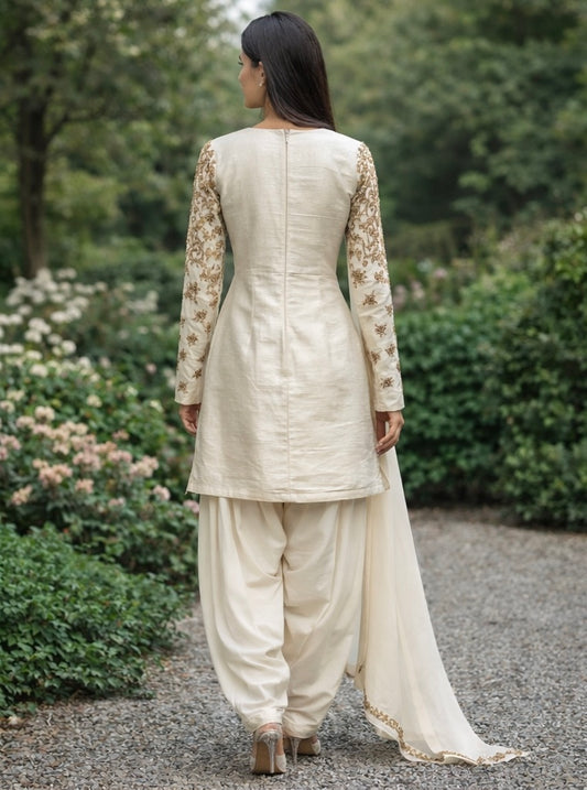Ivory Raw Silk Kurti Set with Antique Gold Hand Embroidery