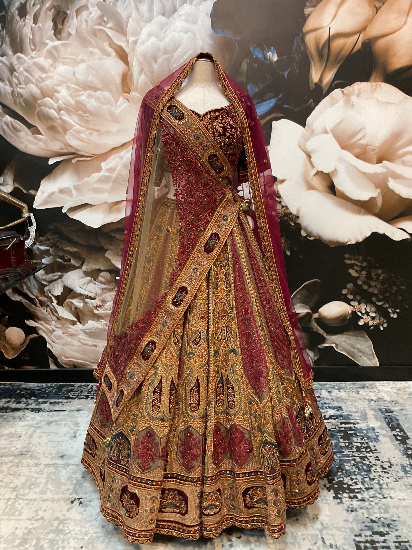 Burgundy Olive Green Bridal Lehenga