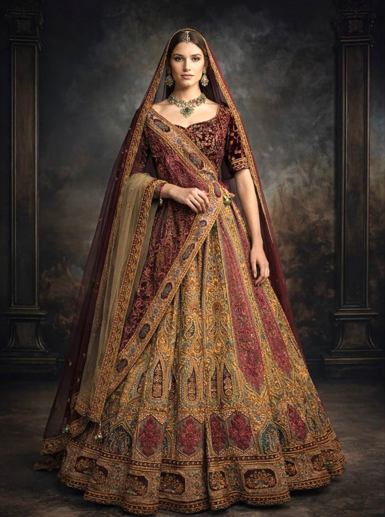 Burgundy Olive Green Bridal Lehenga