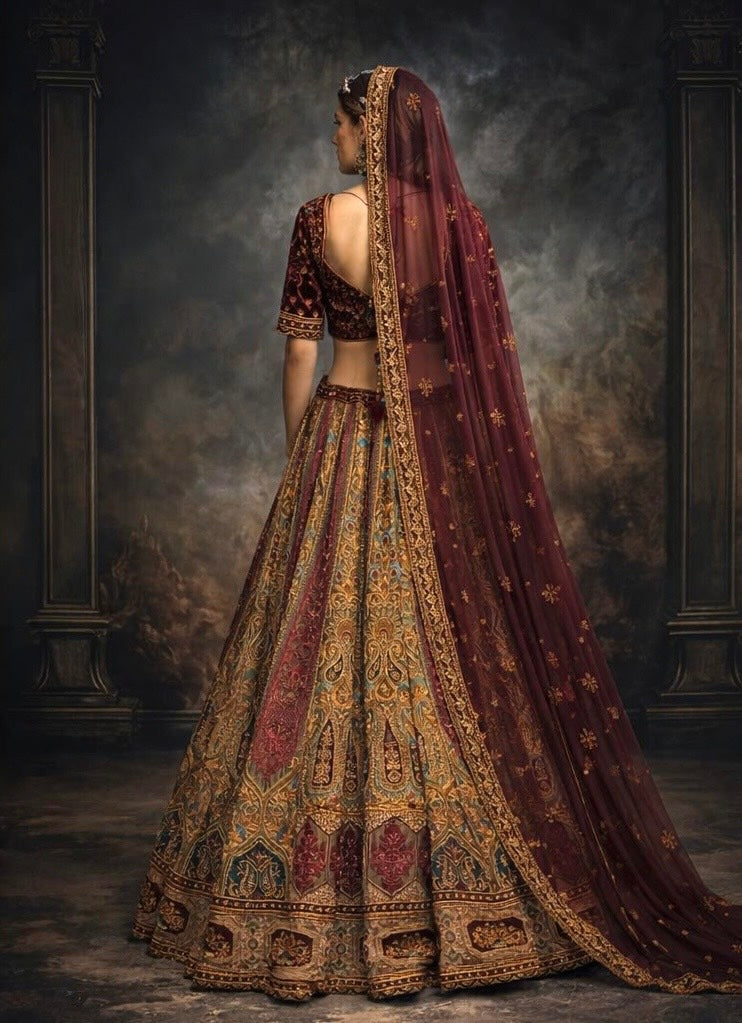 Burgundy Olive Green Bridal Lehenga