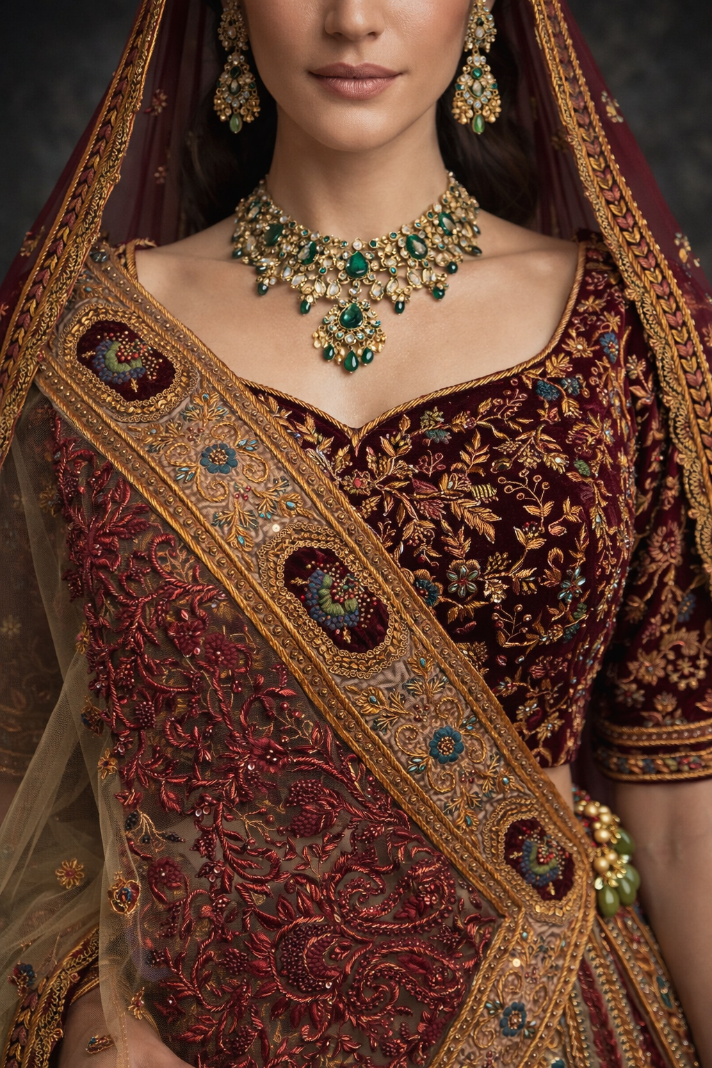 Burgundy Olive Green Bridal Lehenga