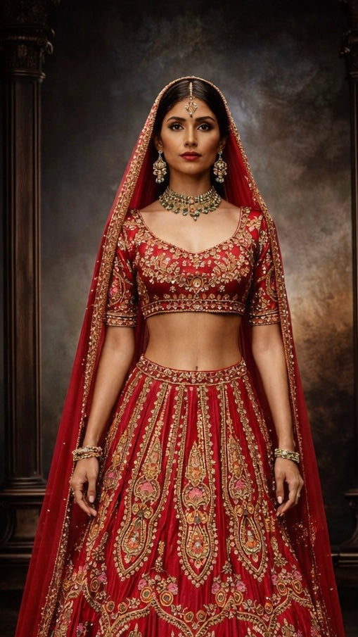 Red Lehenga  With Antique Gold Embroidery