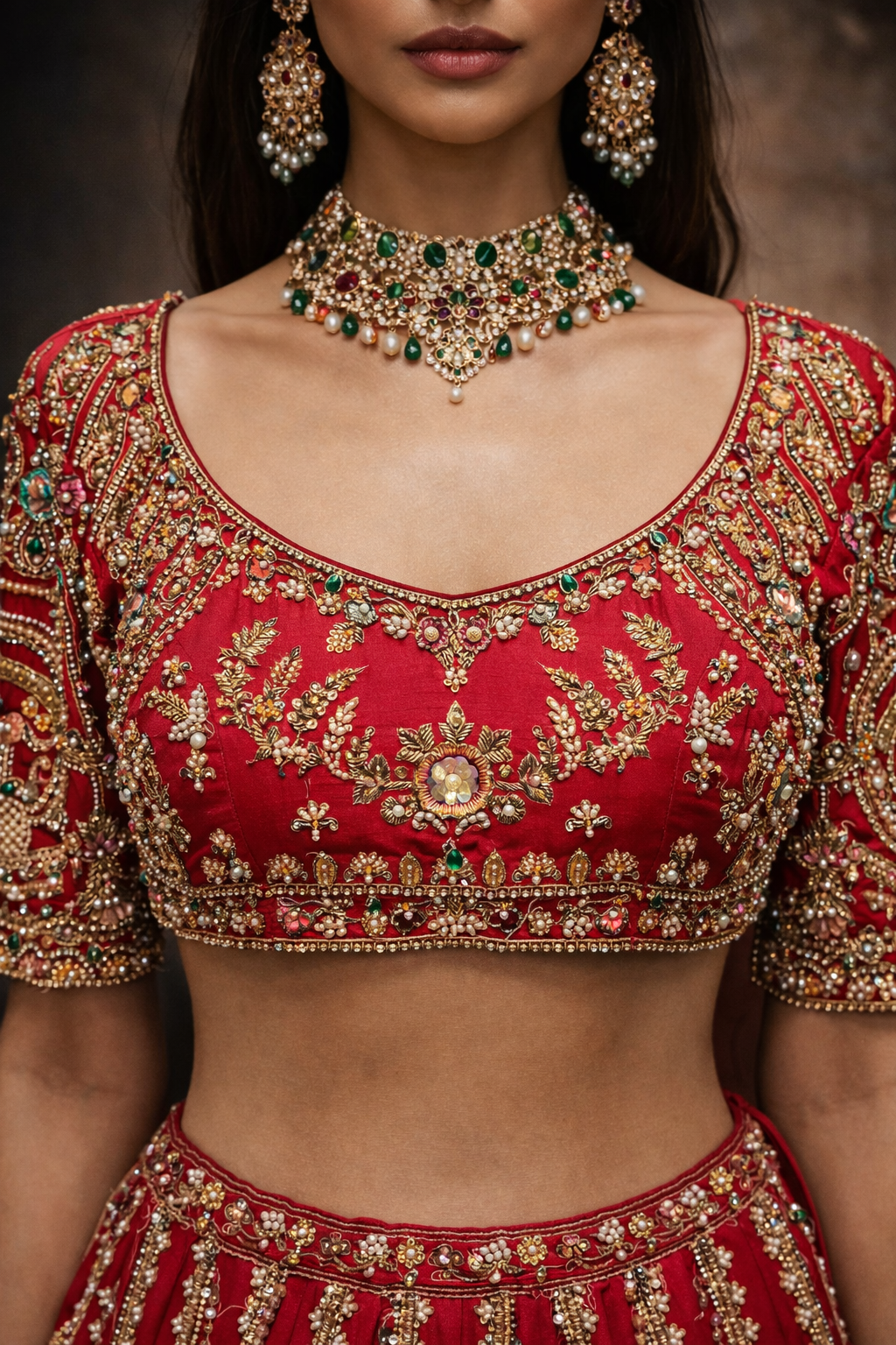 Red Lehenga  With Antique Gold Embroidery