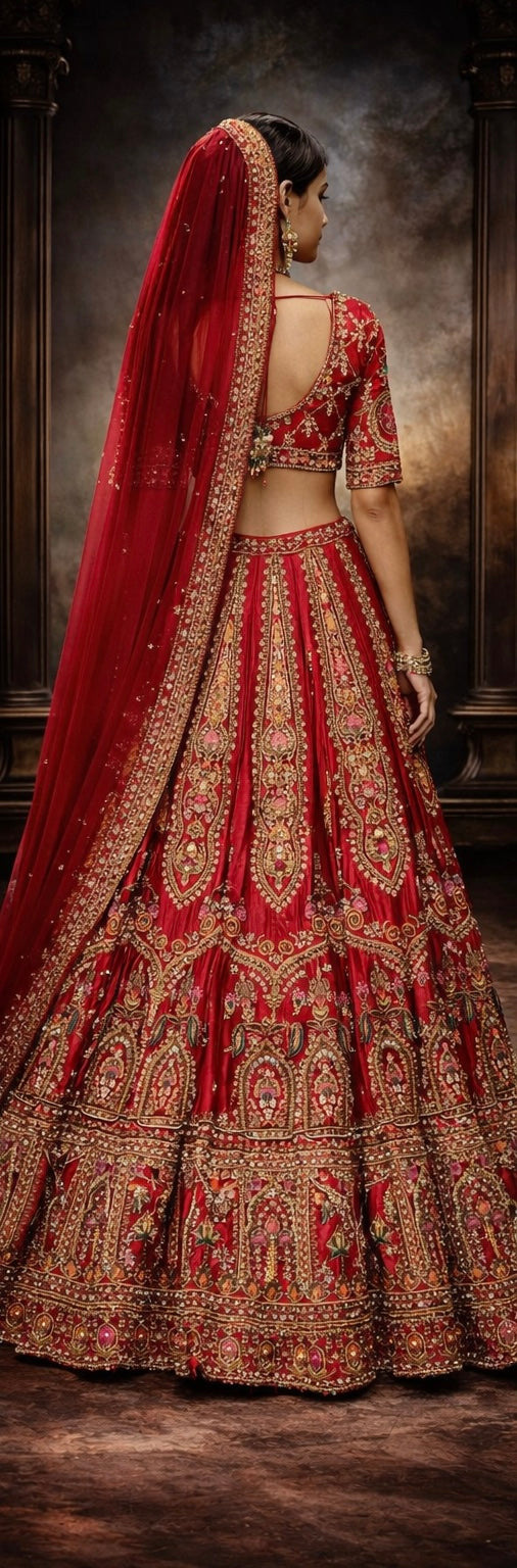Red Lehenga  With Antique Gold Embroidery