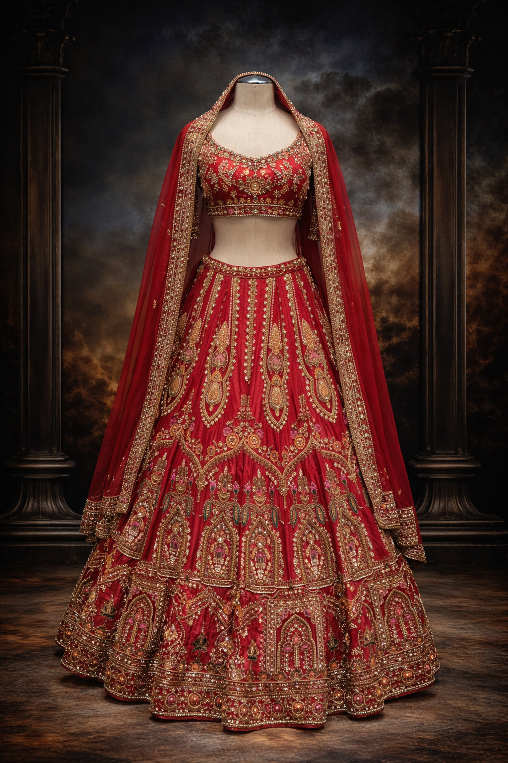 Red Lehenga  With Antique Gold Embroidery