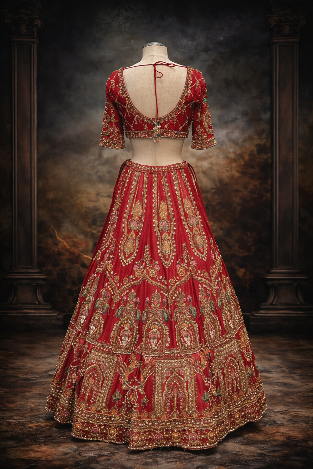 Red Lehenga  With Antique Gold Embroidery