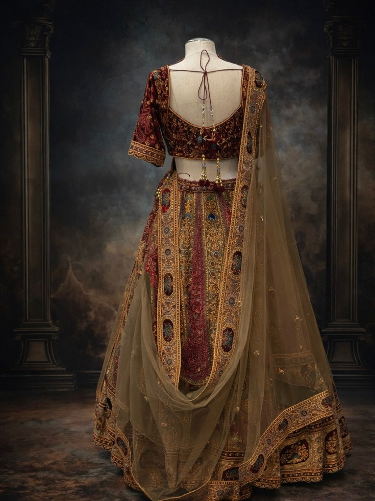Burgundy Olive Green Bridal Lehenga