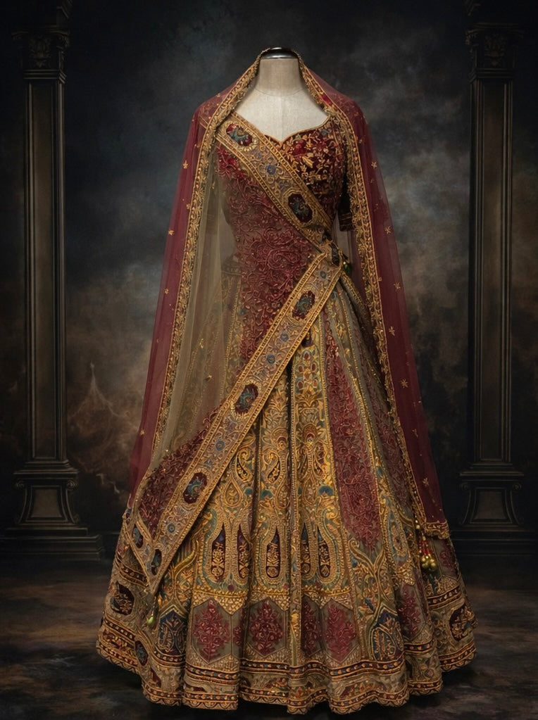 Burgundy Olive Green Bridal Lehenga