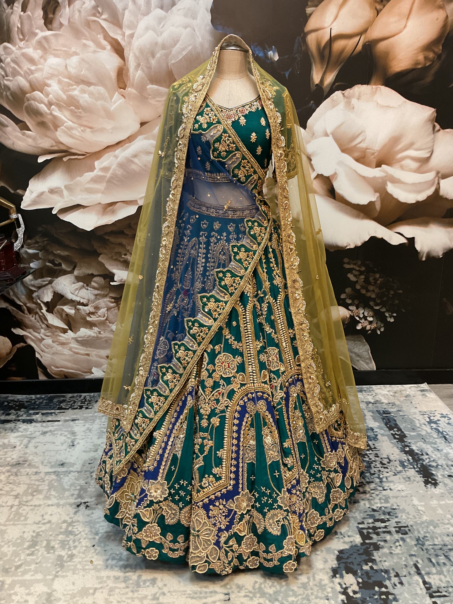 Jangiro | Blue and Green Pakistani Bridal Lengha