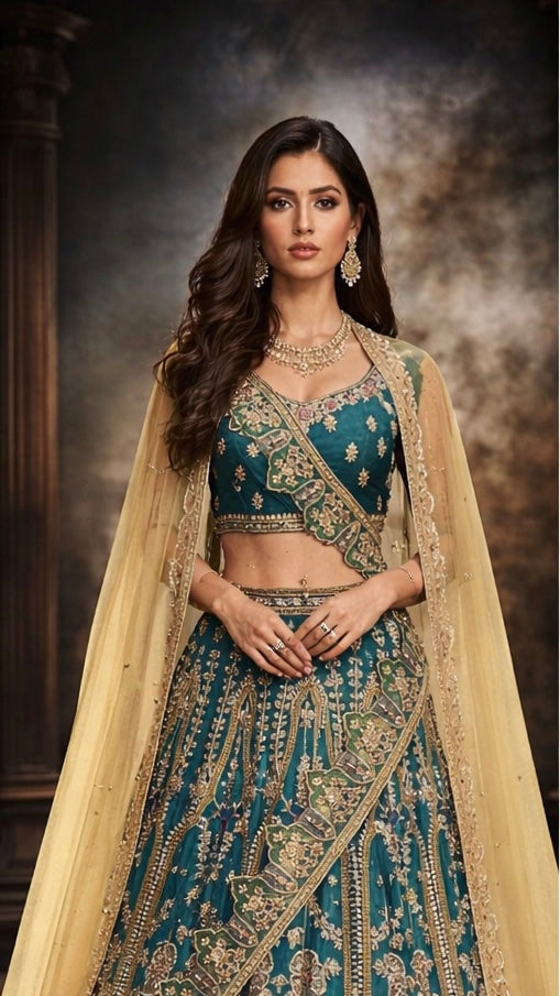 Jangiro | Blue and Green Pakistani Bridal Lengha