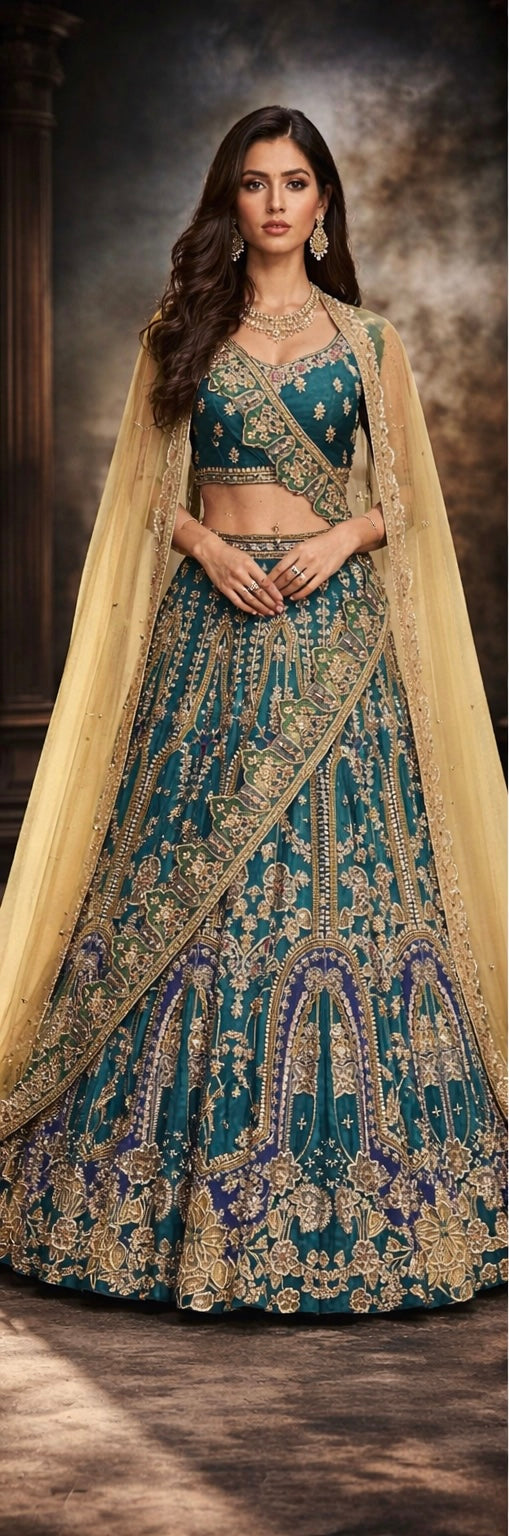 Jangiro | Blue and Green Pakistani Bridal Lengha