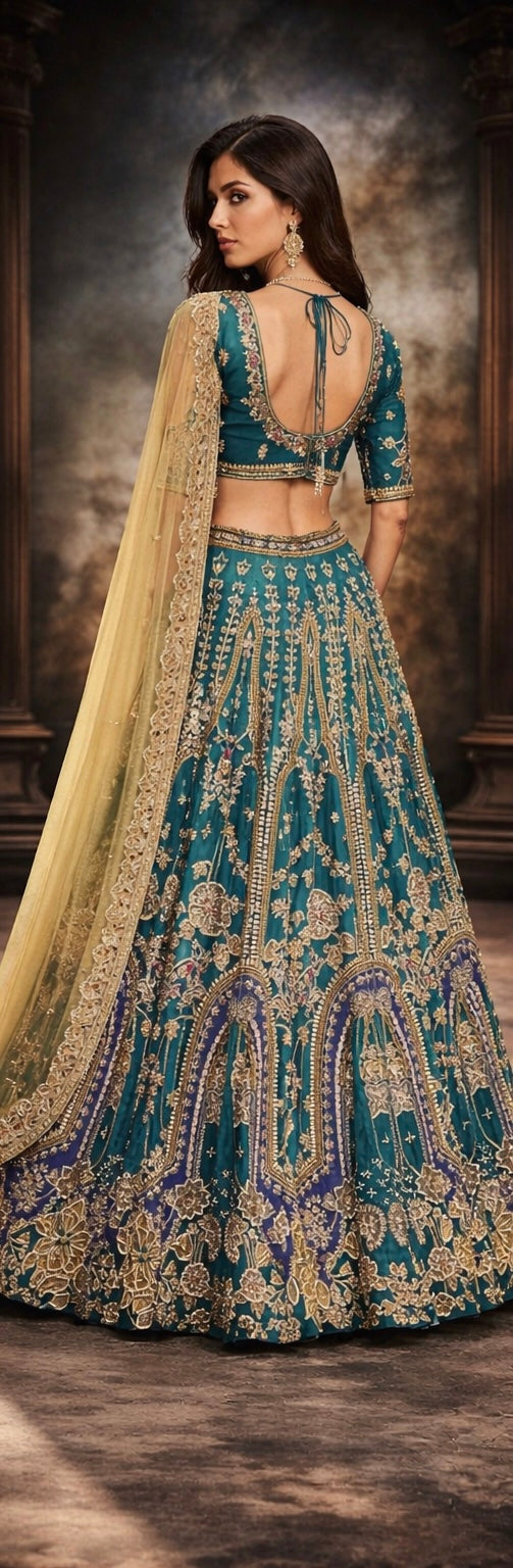 Jangiro | Blue and Green Pakistani Bridal Lengha