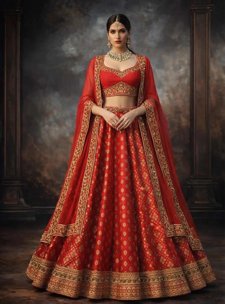 Rich Red Banarasi Silk Lehenga