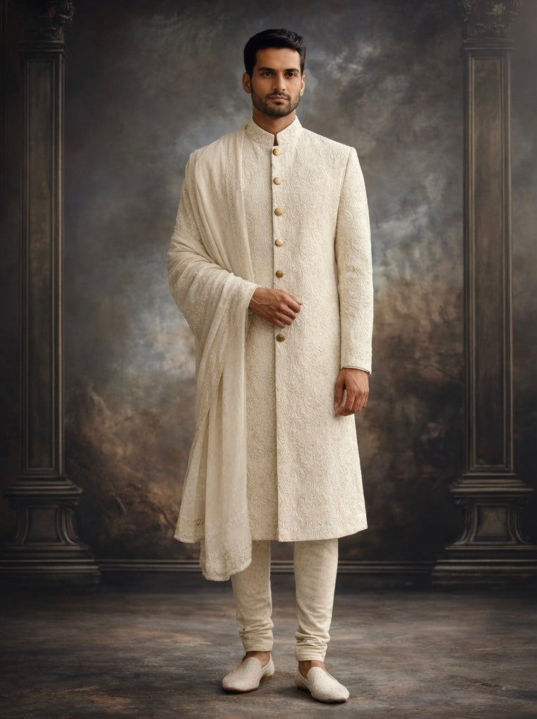 Ivory Self-Embroidered Groom Sherwani