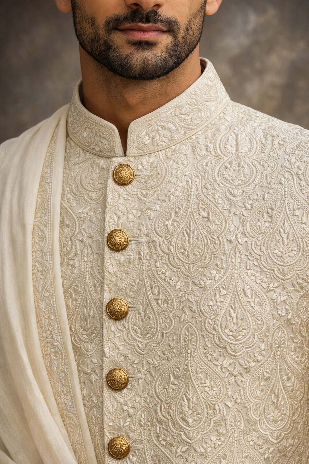 Ivory Self-Embroidered Groom Sherwani