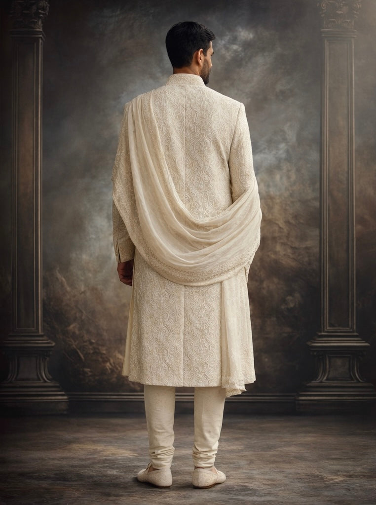 Ivory Self-Embroidered Groom Sherwani