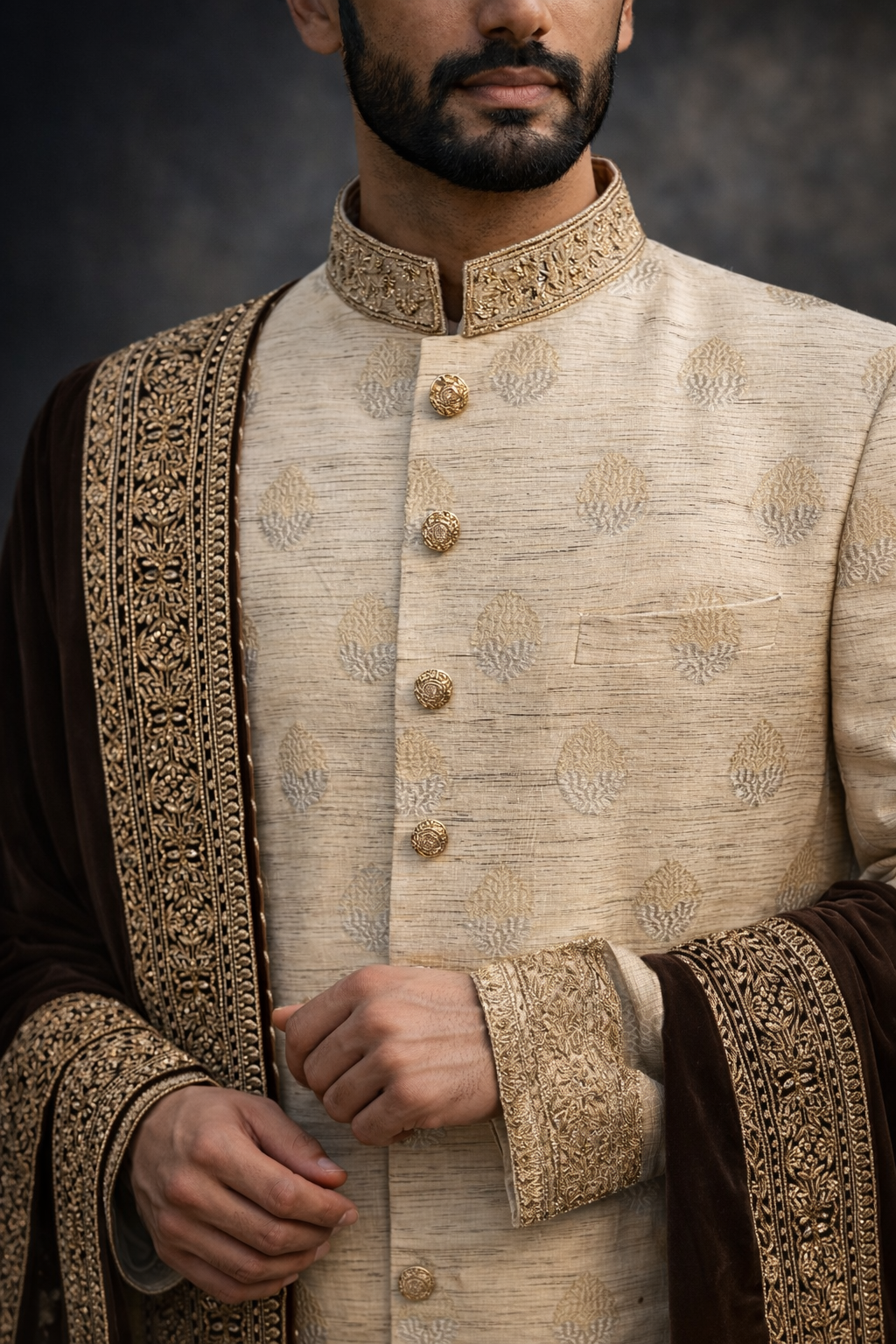 Light brown Embroidered Groom Sherwani