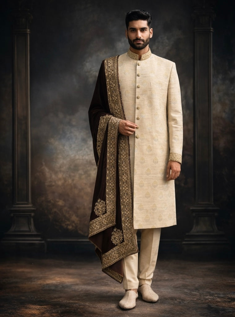 Light brown Embroidered Groom Sherwani