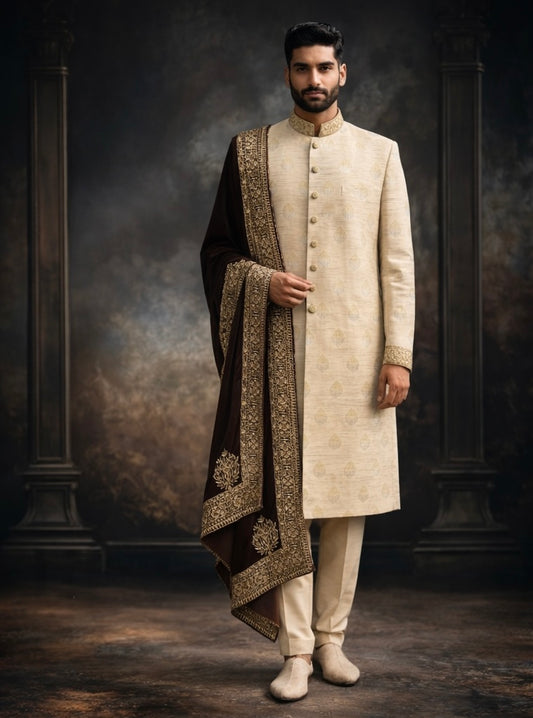Light brown Embroidered Groom Sherwani