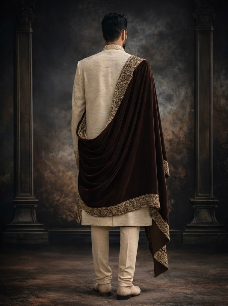 Light brown Embroidered Groom Sherwani