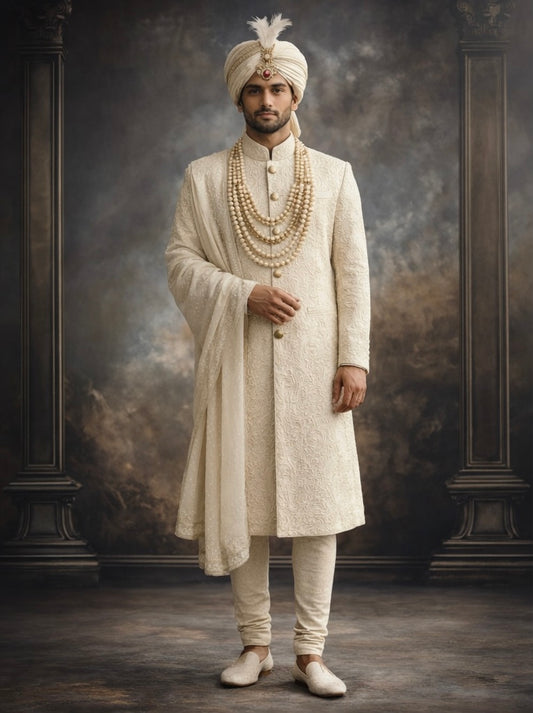 Ivory Self-Embroidered Groom Sherwani