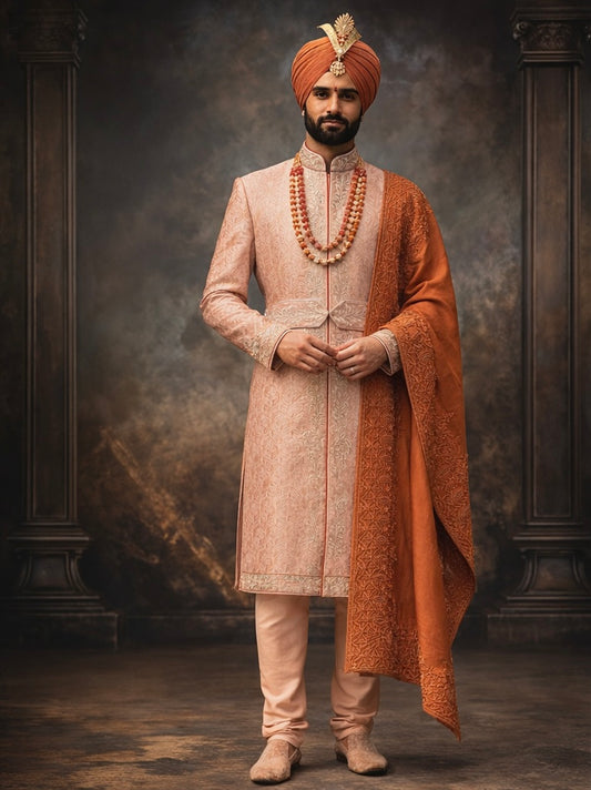 Peach Silk Hand-Embroidered Sherwani with Silk Shawl