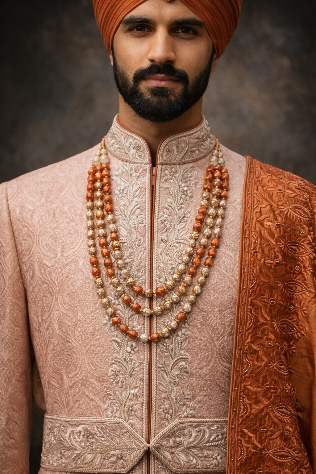 Peach Silk Hand-Embroidered Sherwani with Silk Shawl