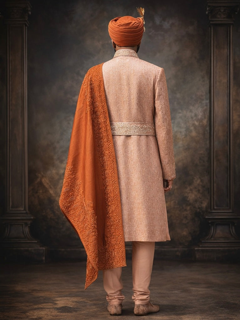 Peach Silk Hand-Embroidered Sherwani with Silk Shawl