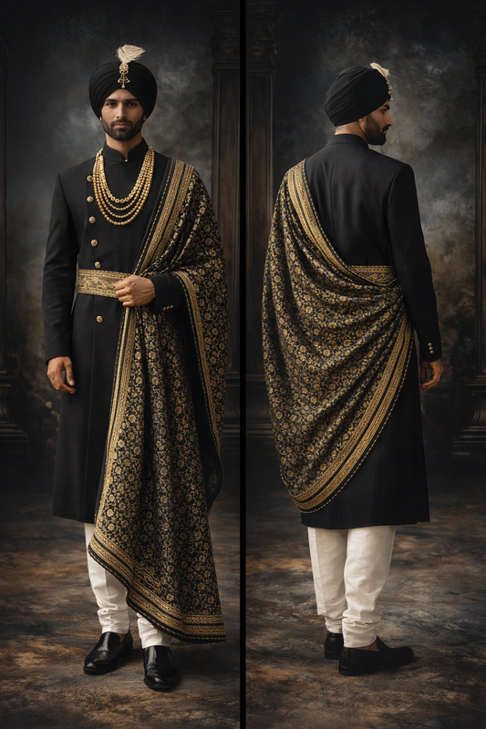 Black Sherwani with Banarasi Shawl