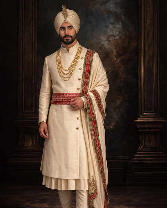 Golden Raw Silk Groom Sherwani