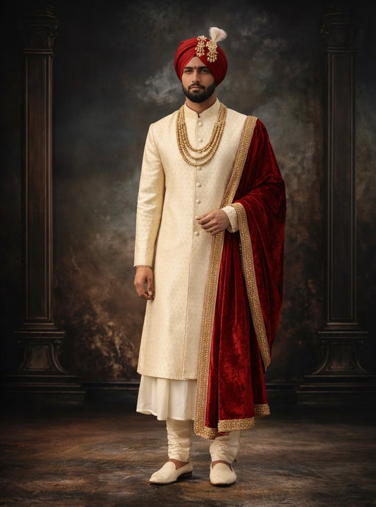 Plus Line - Ivory Satin Silk Groom Sherwani with Velvet Shawl