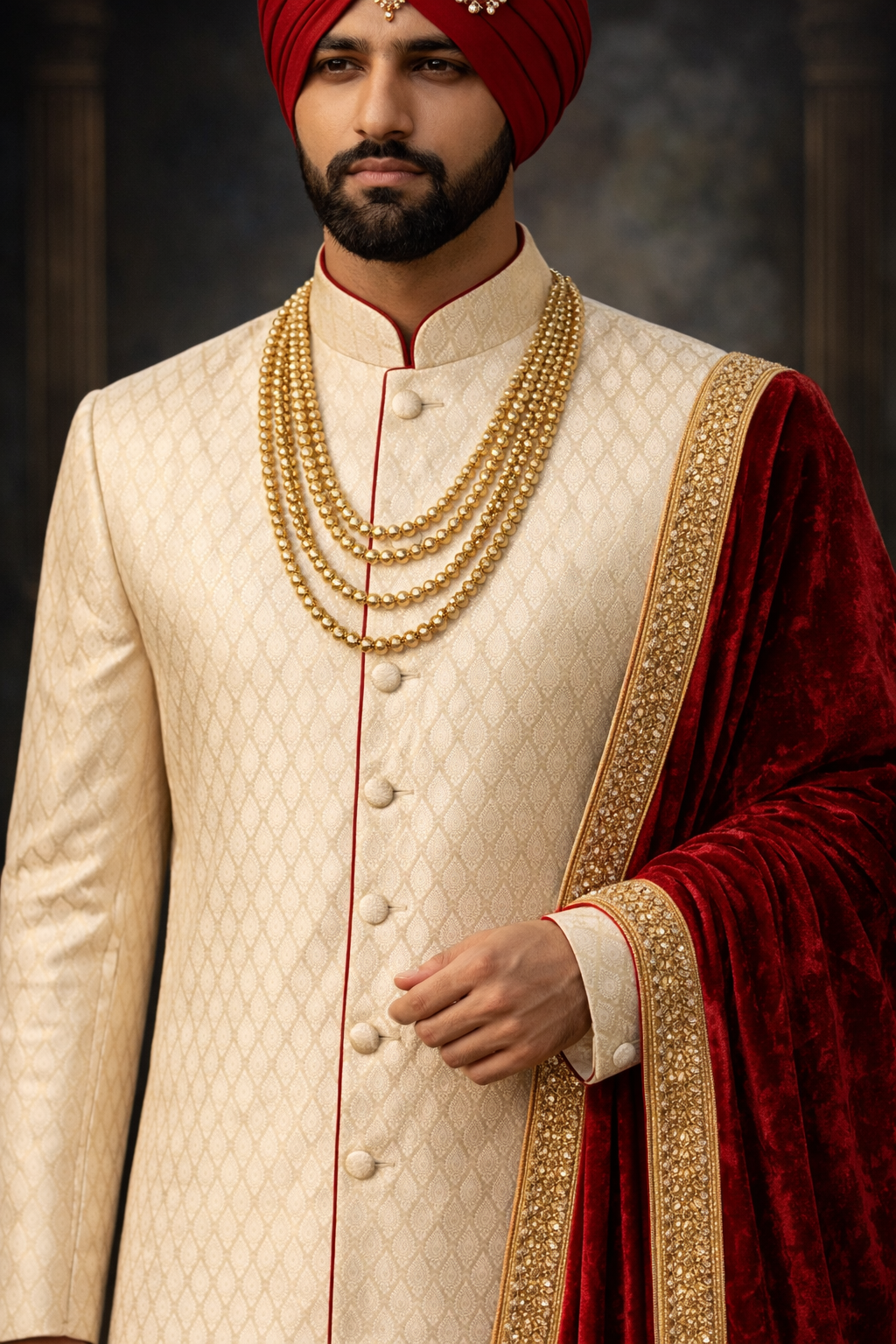 Plus Line - Ivory Satin Silk Groom Sherwani with Velvet Shawl