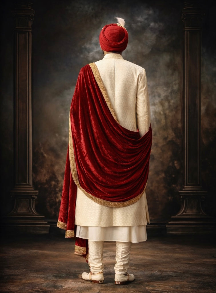 Plus Line - Ivory Satin Silk Groom Sherwani with Velvet Shawl