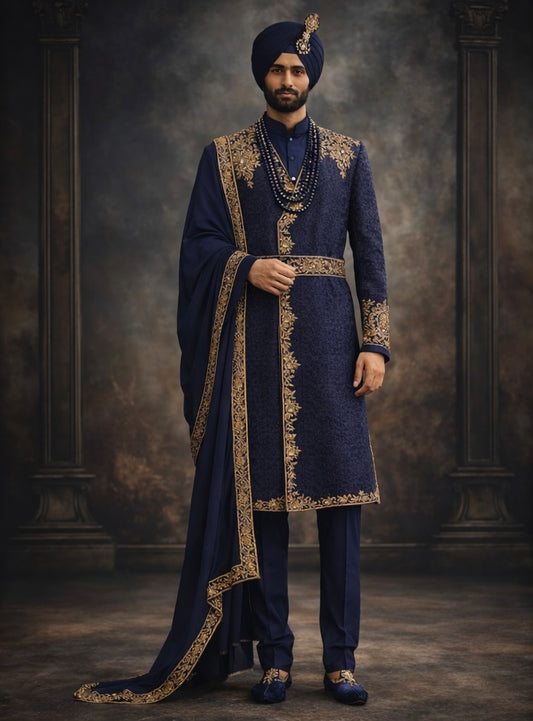 Navy Royal Embroidered Groom Sherwani