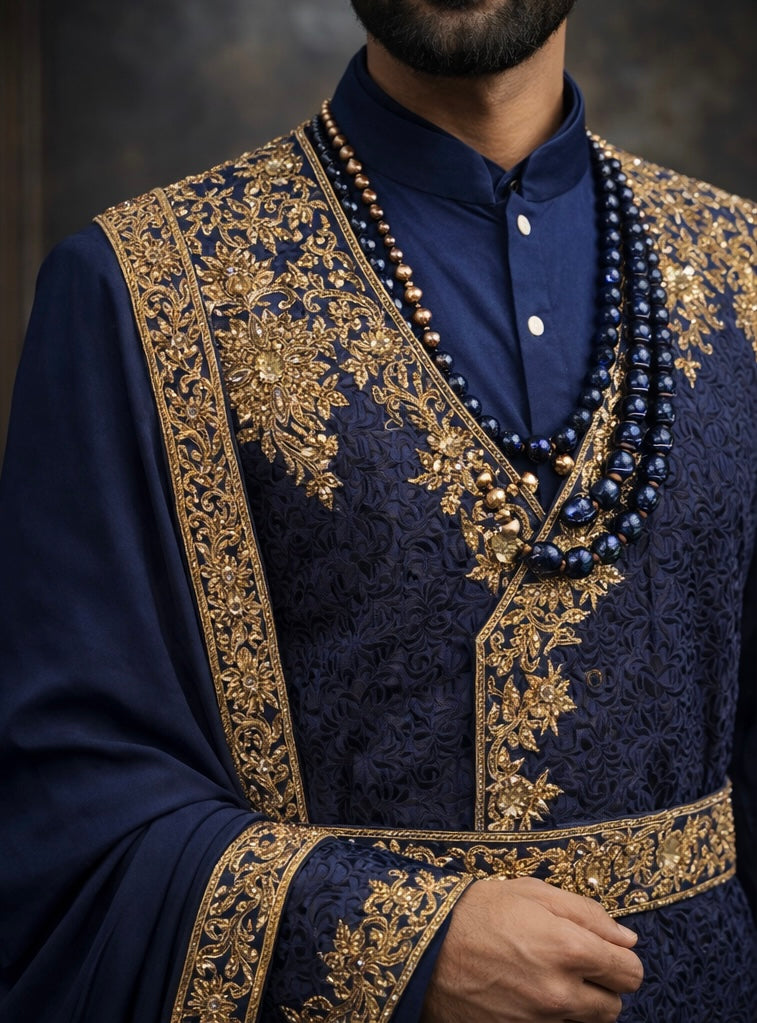 Navy Royal Embroidered Groom Sherwani