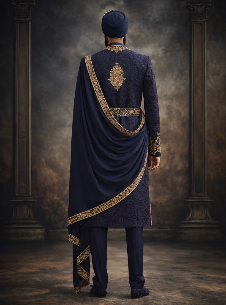 Navy Royal Embroidered Groom Sherwani