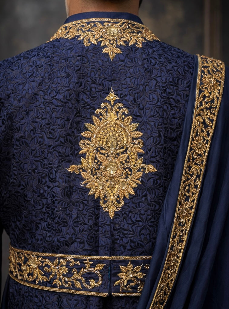 Navy Royal Embroidered Groom Sherwani